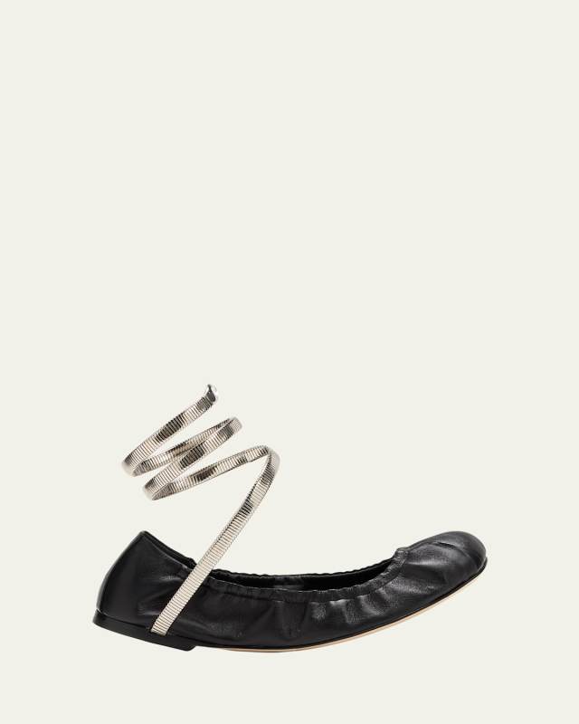 Leather Snake-Wrap Ballerina Flats