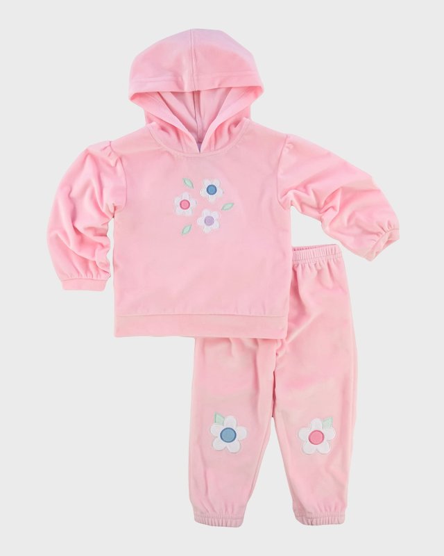 Girl's Velour Hoodie Joggers W/ Flowers, Size 6M-