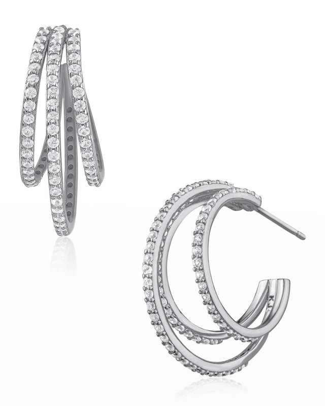 Pave Cubic Zirconia Triple-Row Hoop Earrings