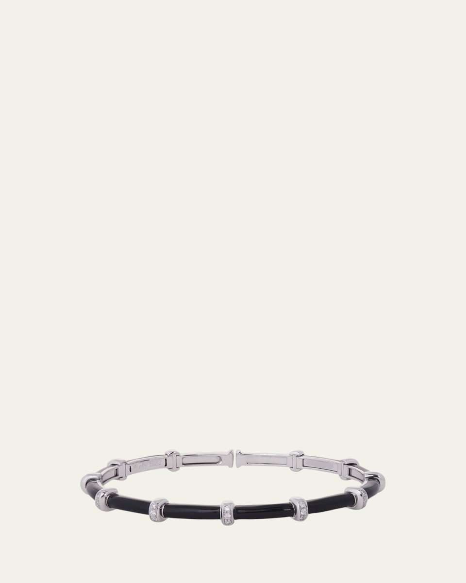 18K White Gold Diamond and Small Dome Black Enamel Bars Oval Spring Carly Bracelet, Size 55x45mm