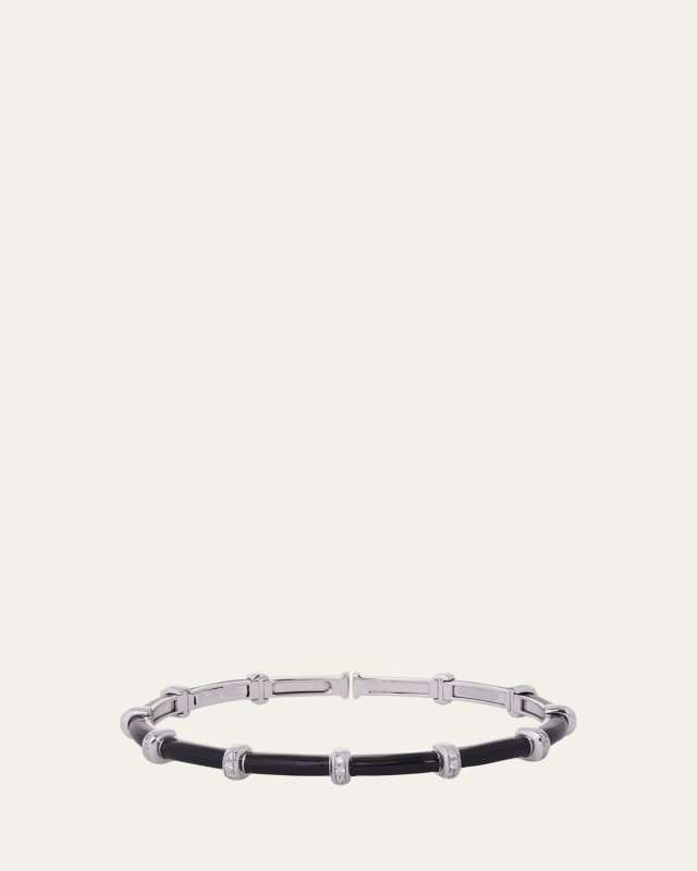 18K White Gold Diamond and Small Dome Black Enamel Bars Oval Spring Carly Bracelet, Size 55x45mm