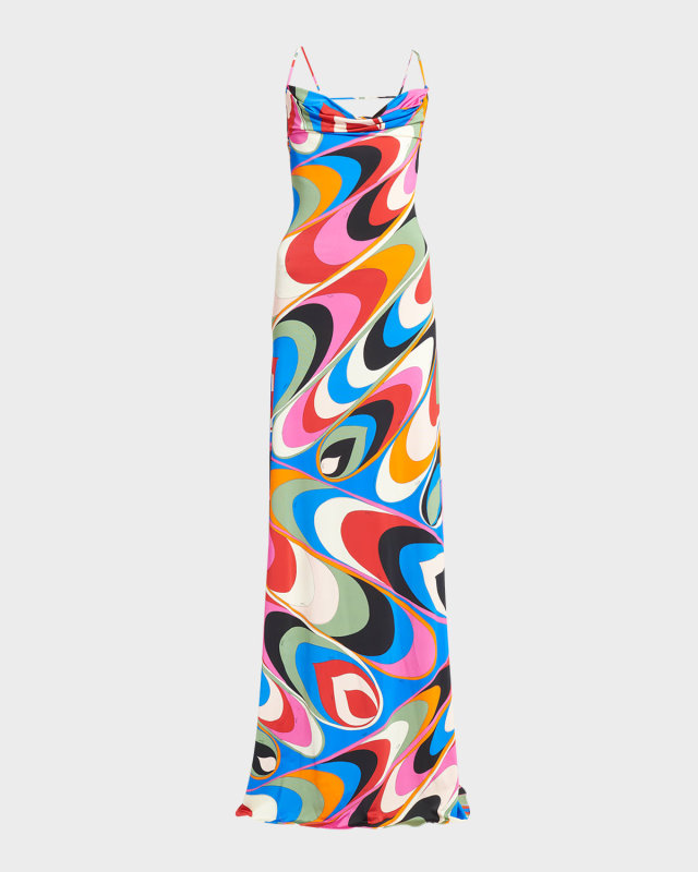 Wavy-Print Cowl-Neck Open-Back Sleeveless Maxi Dress