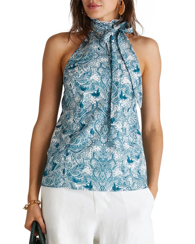 Angelina Neck-Tie Sleeveless Paisley-Print Top