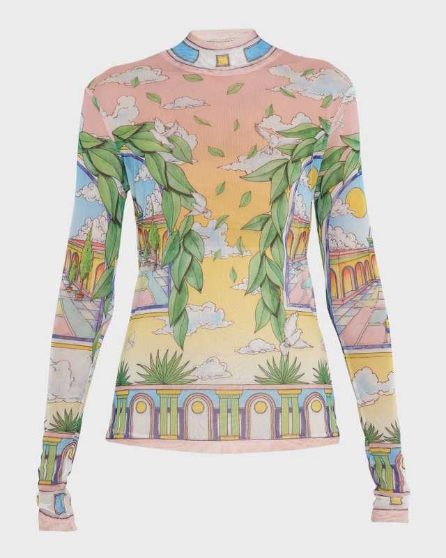Mock-Neck Long-Sleeve Printed Mesh Top