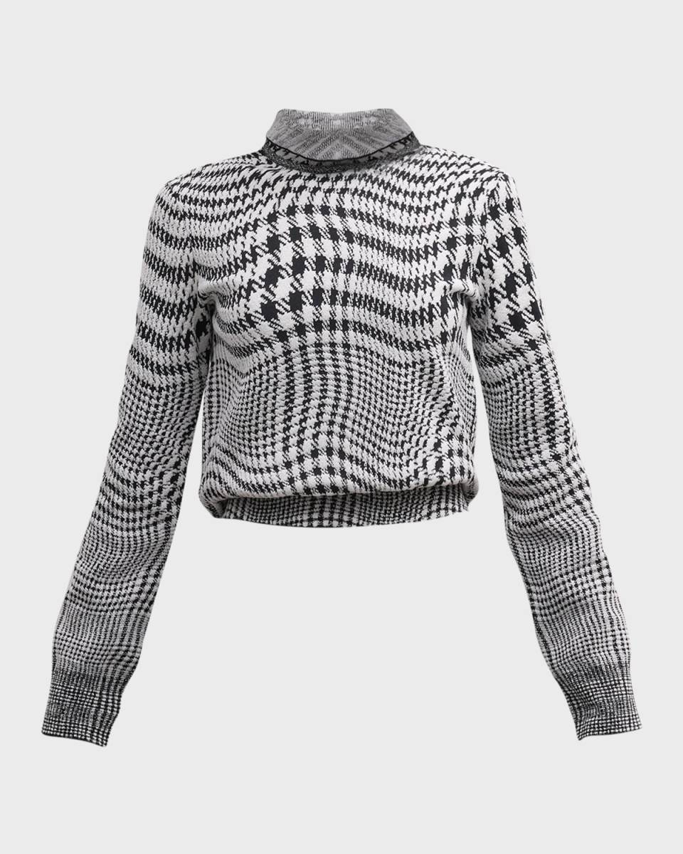 Wavy Houndstooth Turtleneck Crop Sweater