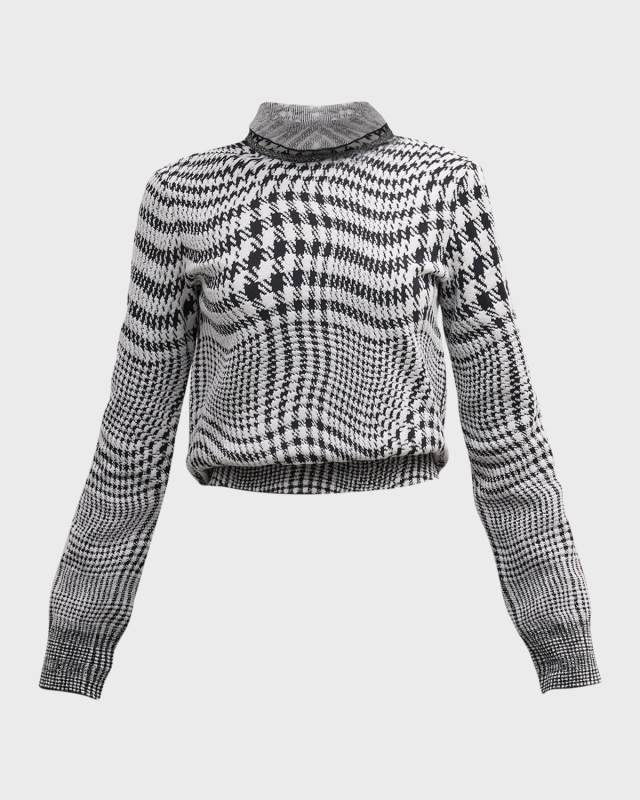 Wavy Houndstooth Turtleneck Crop Sweater