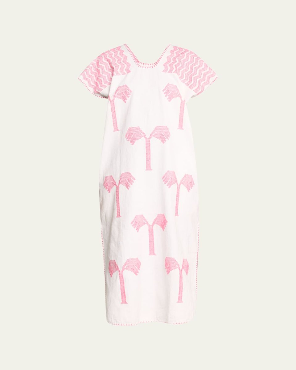 Single-Panel Midi Kaftan in White with Pink Realistic Palm Motifs