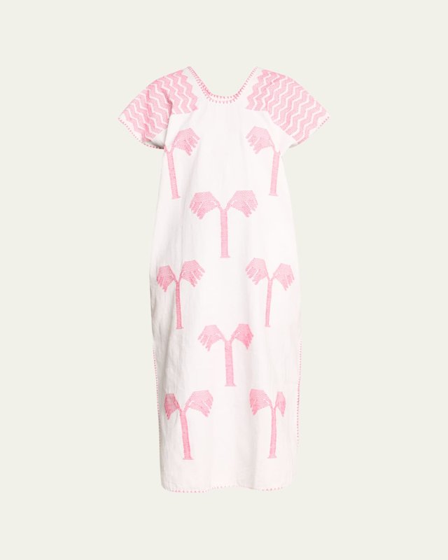 Single-Panel Midi Kaftan in White with Pink Realistic Palm Motifs
