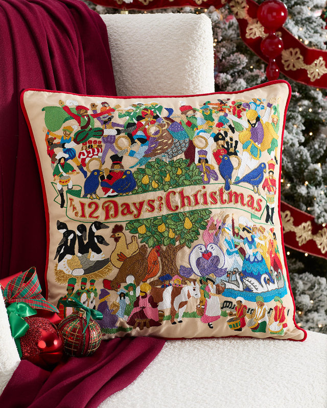 12 Days of Christmas Hand-Embroidered Pillow, 22" Square