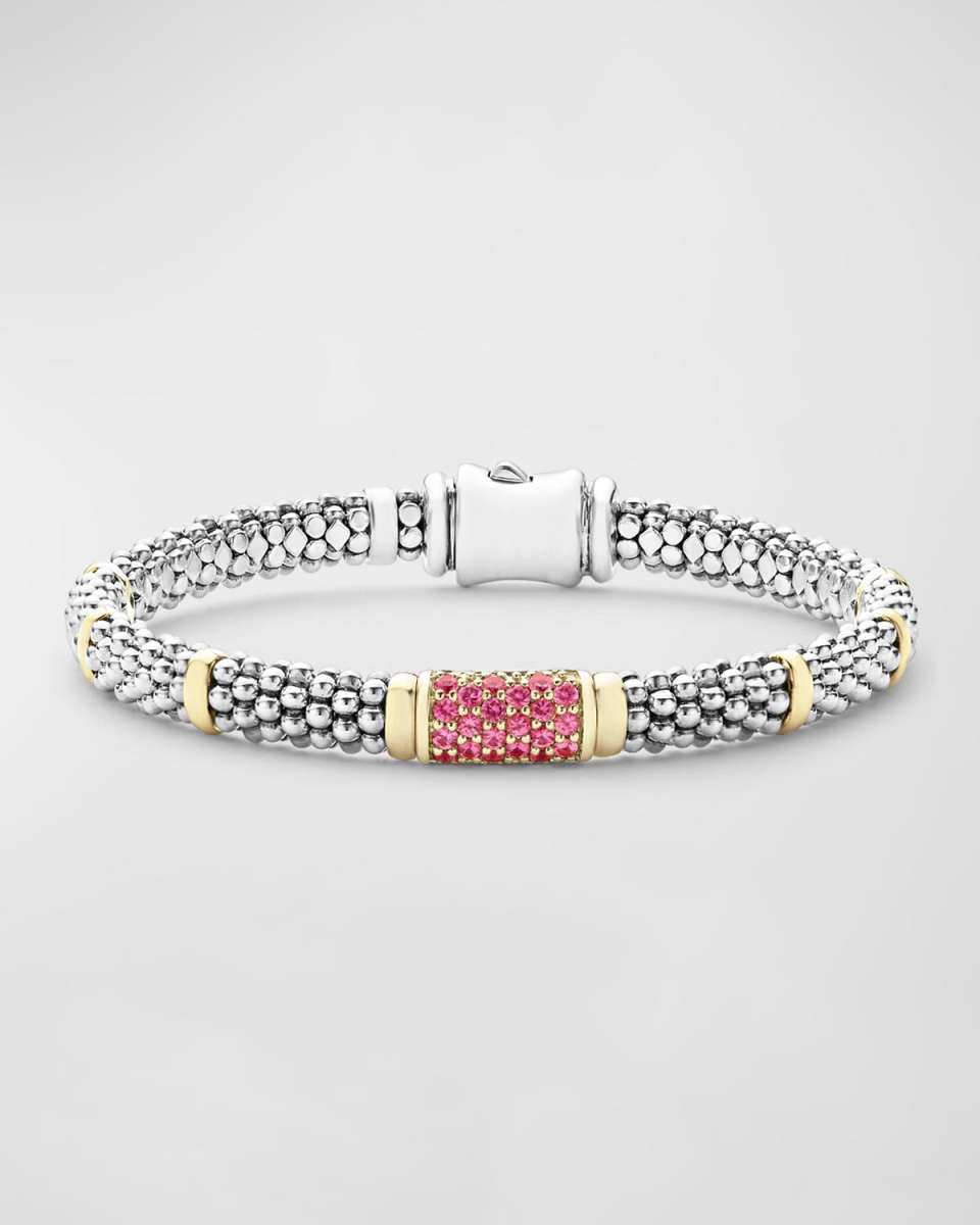 18K Gold Stations on Sterling Silver Caviar Bead Bracelet with Pink Sapphires. 6mm