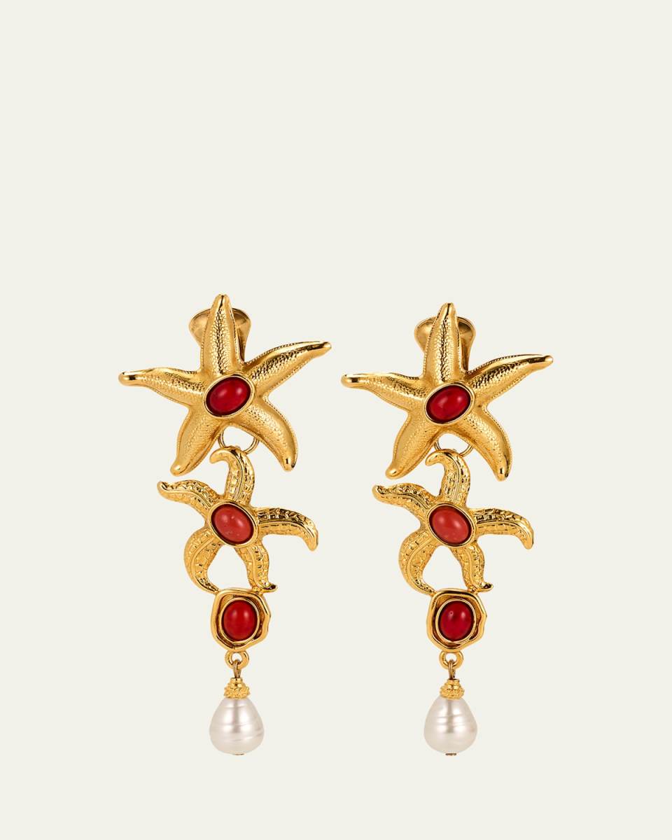 Starfish Clip On Earrings with Pearly Drops and Coral Stones