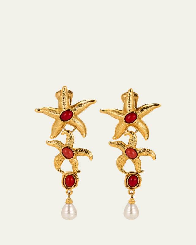 Starfish Clip On Earrings with Pearly Drops and Coral Stones