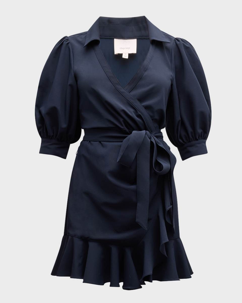 Vickie Puff-Sleeve Ruffled Mini Wrap Dress