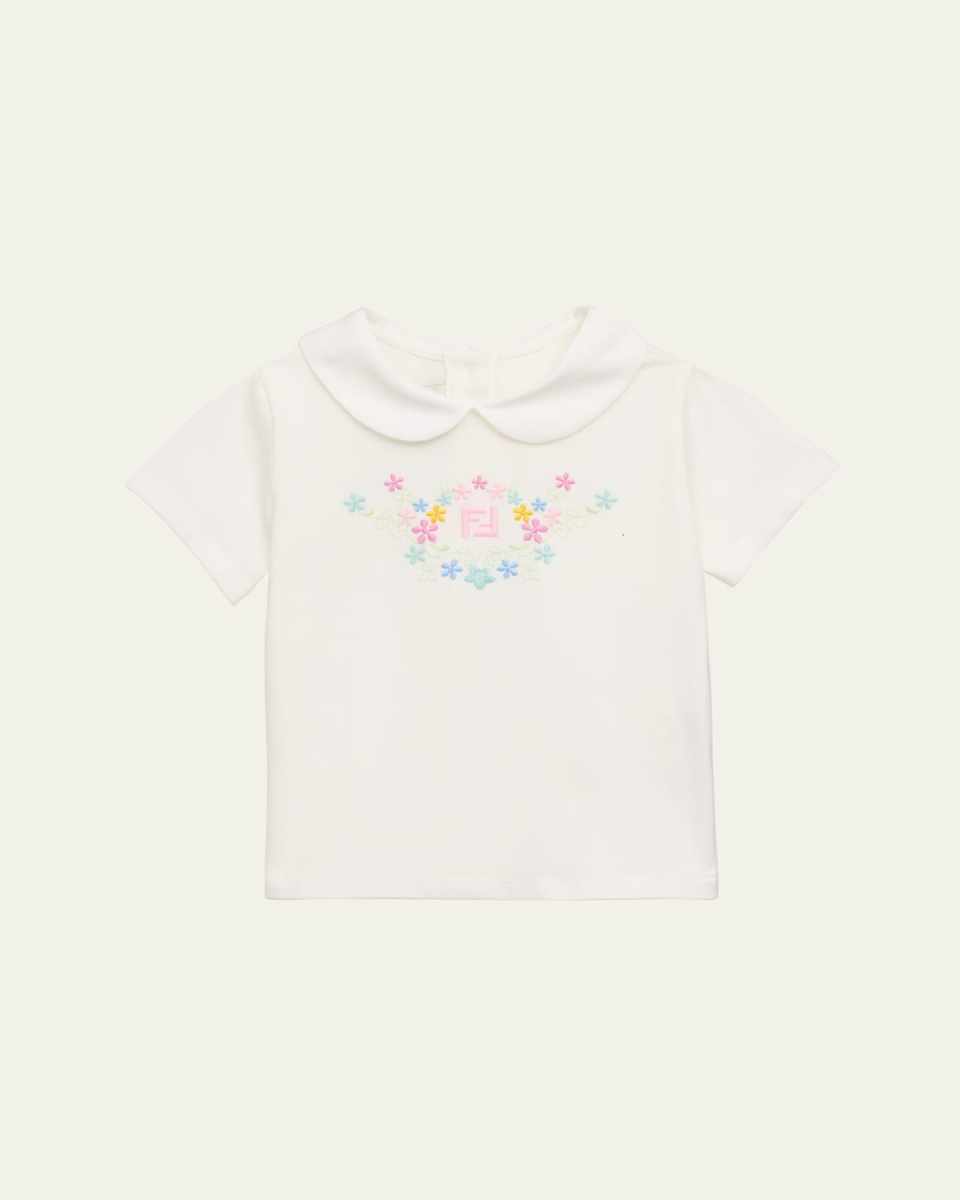 Girl's Embroidered Short-Sleeve Jersey Stretch T-Shirt, Size 9M-24M