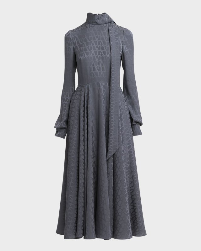 Silk Iconograph Print Midi Dress with Scarf Neckline
