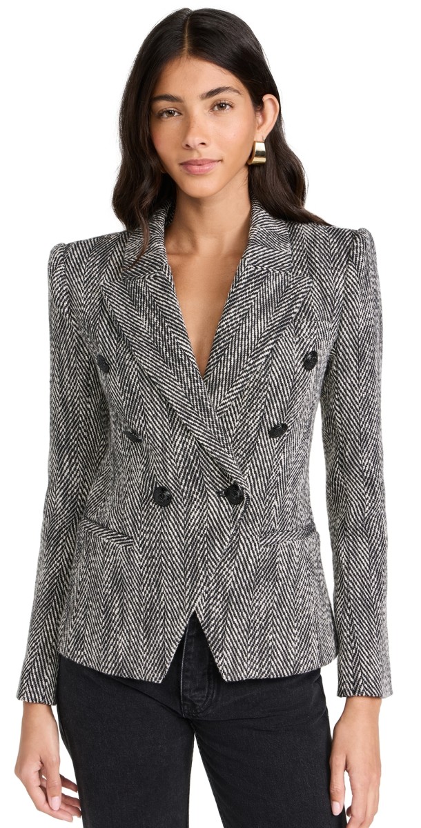 L'AGENCE Marie Double Breasted Blazer Black/White Tweed