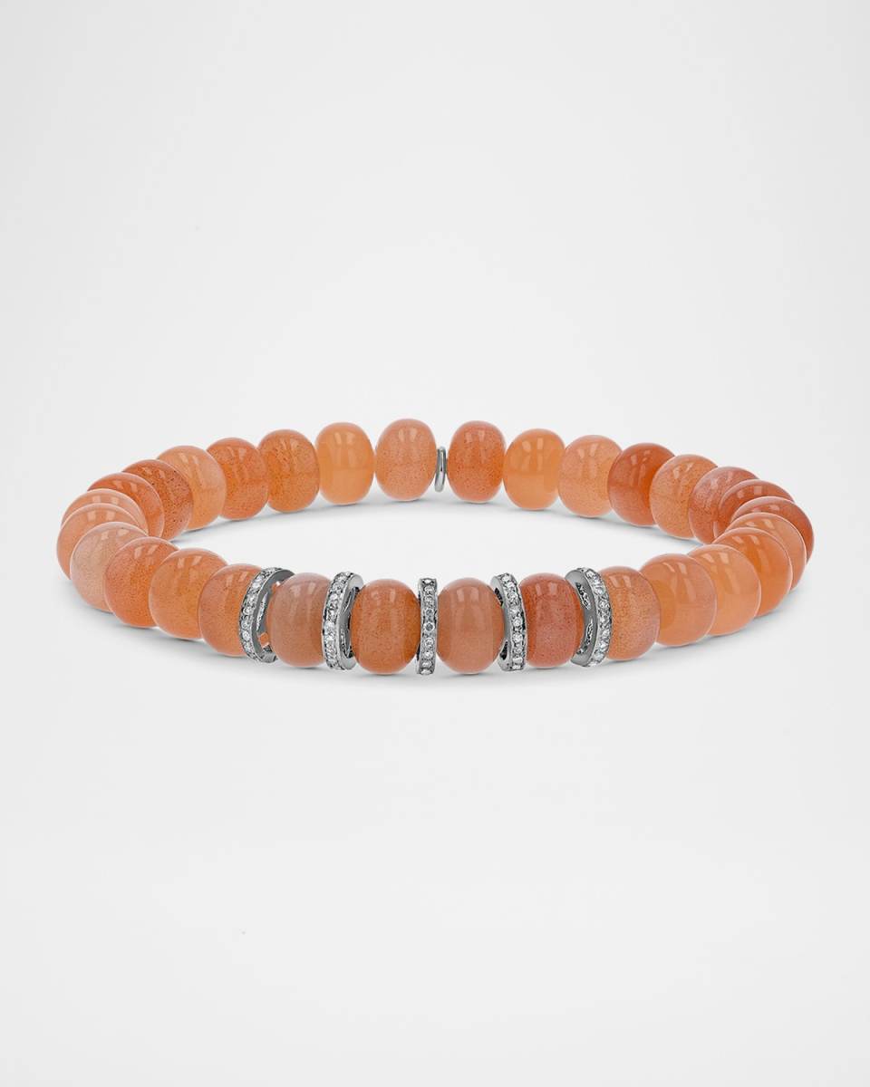 Peach Moonstone 8mm Bracelet with 5 Pave Diamond Rondelles