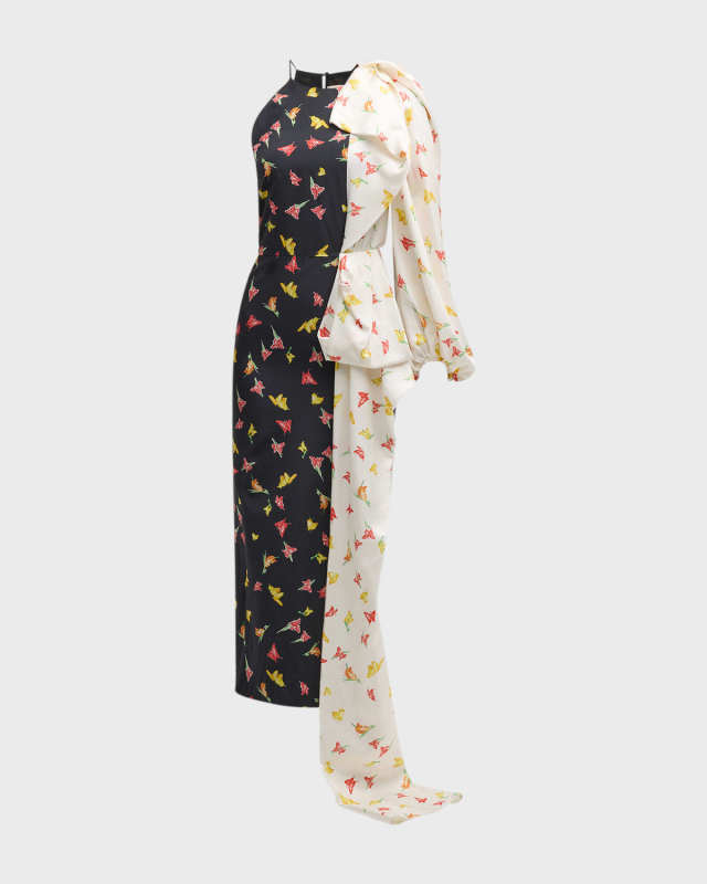 Alhambra Butterfly-Print Draped Balloon-Sleeve Maxi Dress