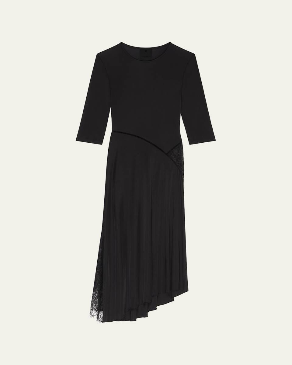 Lace-Insert Asymmetric Midi Dress