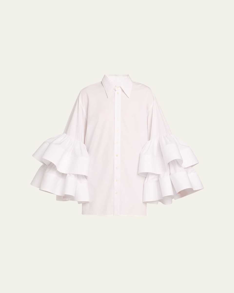 Belted Mini Shirtdress with Jumbo Ruffle Sleeves