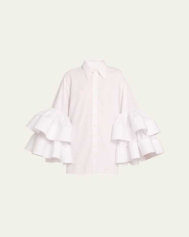 Belted Mini Shirtdress with Jumbo Ruffle Sleeves