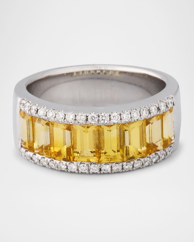 Rainbow 18K White Gold Yellow Sapphire Band Ring with Diamonds, Size 6