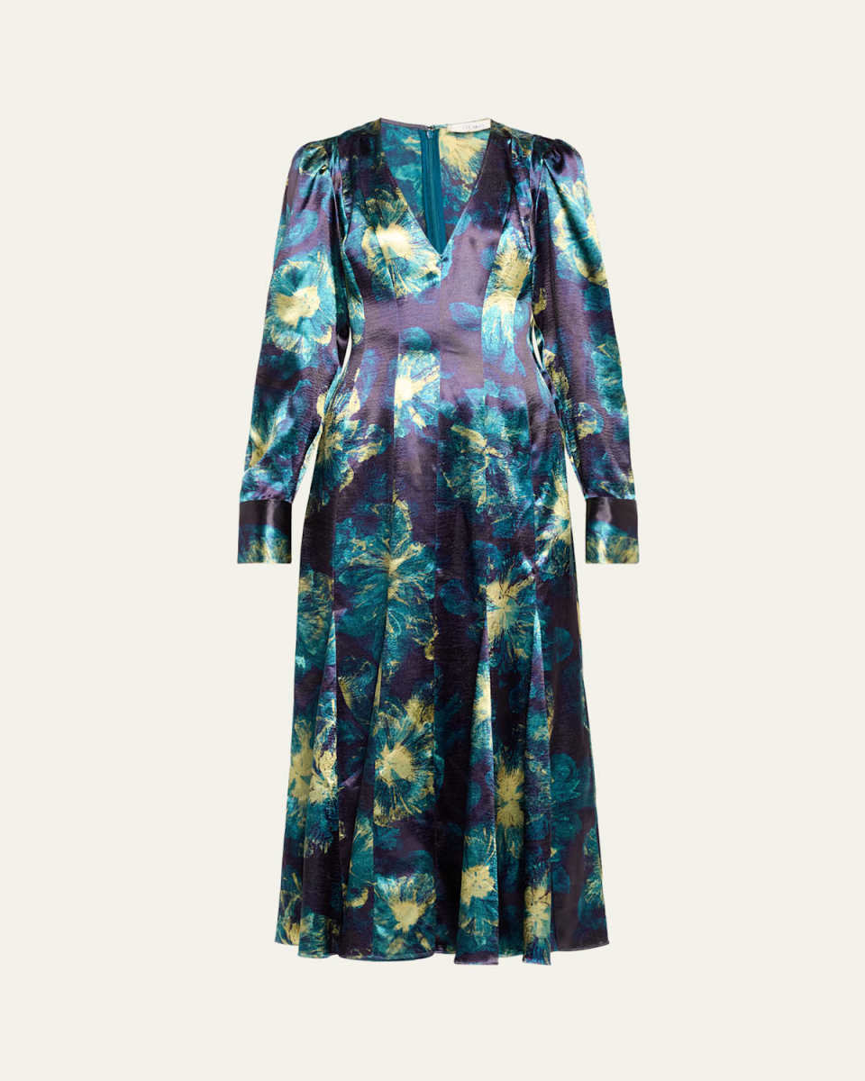 Azrou Printed Satin Long-Sleeve V-Neck Maxi Dress