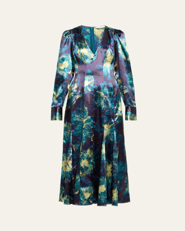 Azrou Printed Satin Long-Sleeve V-Neck Maxi Dress