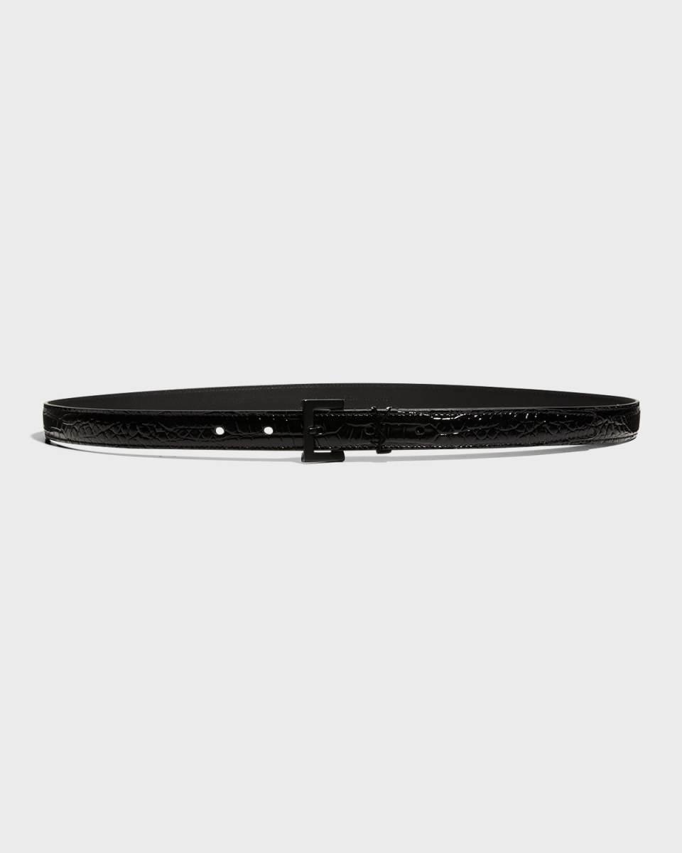 YSL Tonal Croc-Embossed Skinny Belt
