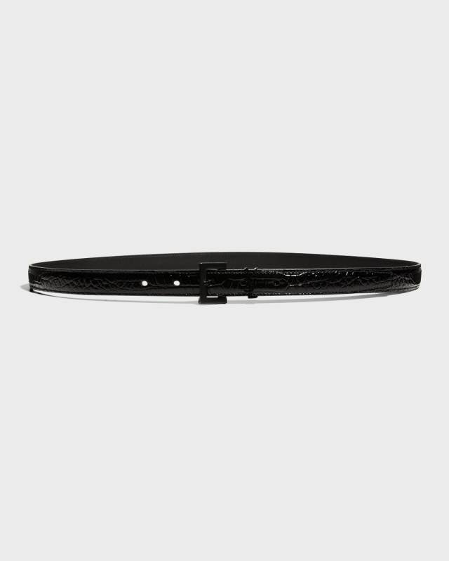 YSL Tonal Croc-Embossed Skinny Belt