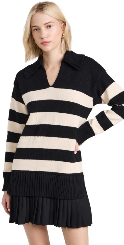 English Factory Mixed Media Stripe Pleated Mini Dress Black/Nude