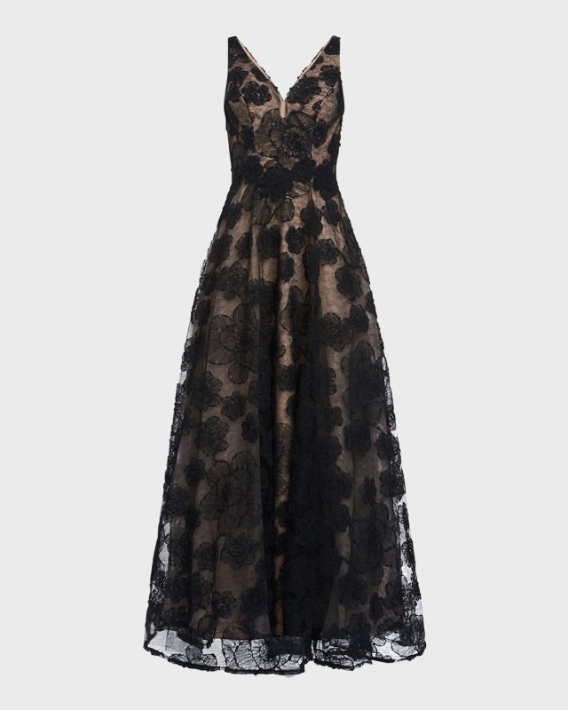 Deep V-Neck Floral Lace Gown