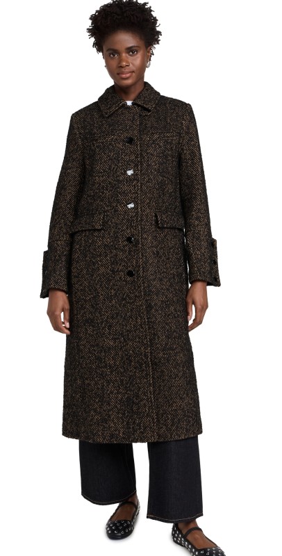 GANNI Herringbone Wool Coat Shitake