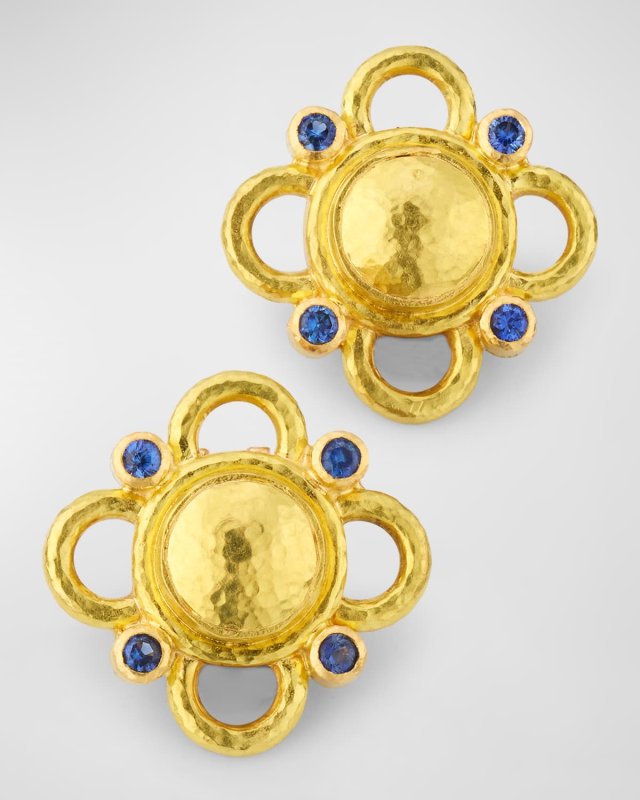 19K Round Gold Dome and Blue Sapphire Earrings