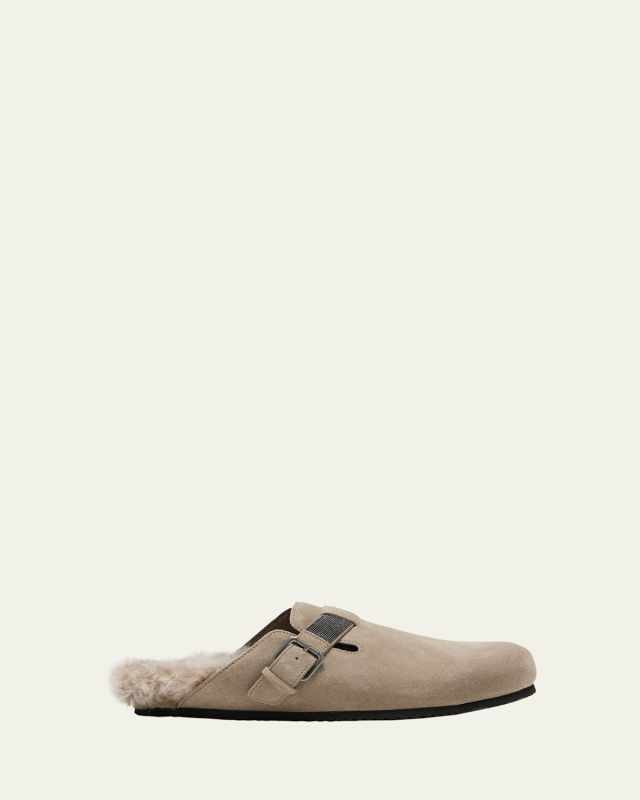 Suede Shearling Monili Buckle Mules