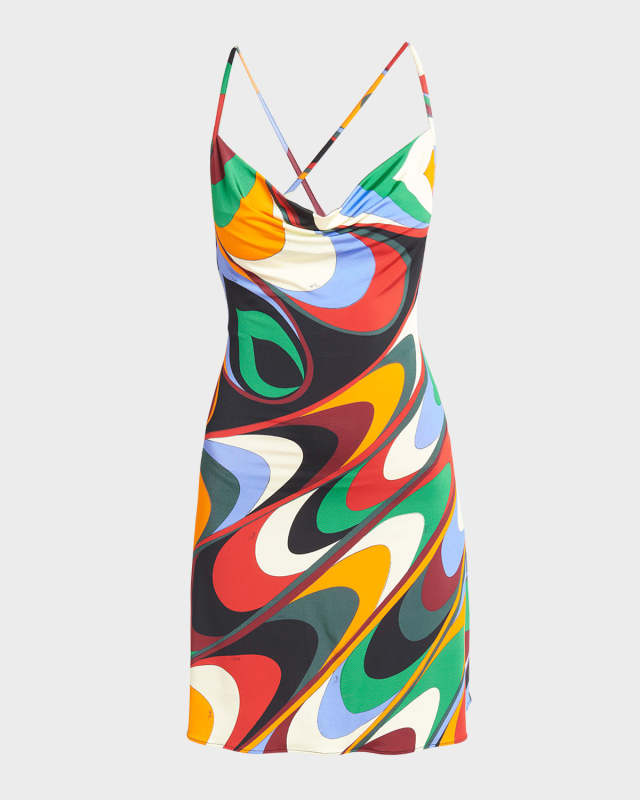 Abstract-Print Cowl-Neck Open-Back Mini Dress