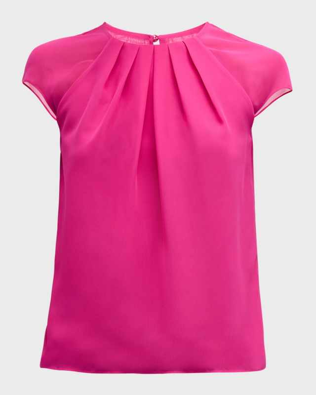 Pleated Cap-Sleeve Georgette Blouse