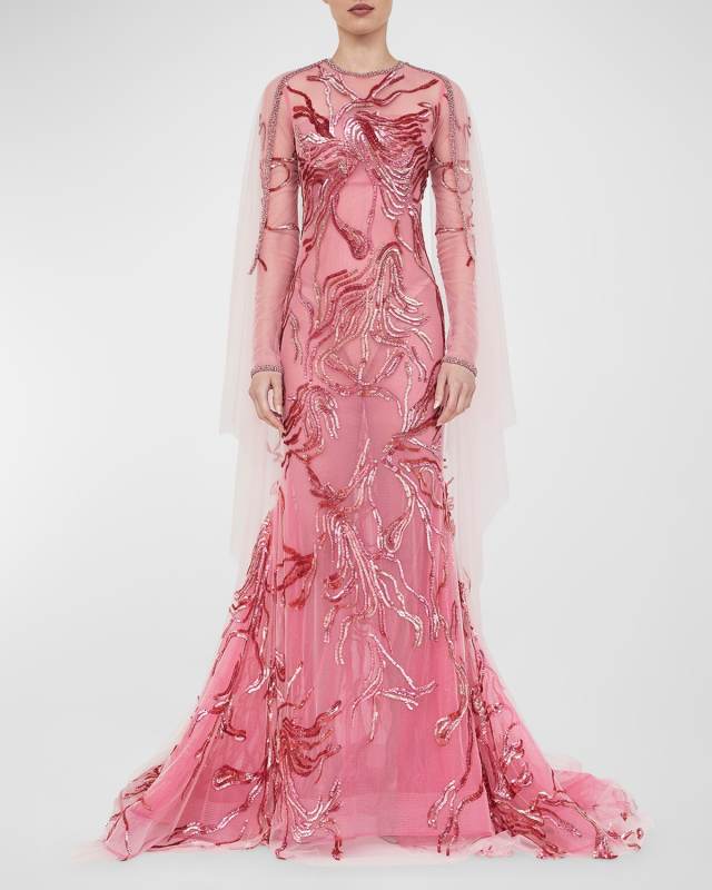 Mae Sequined Long-Sleeve Cape Trumpet Gown