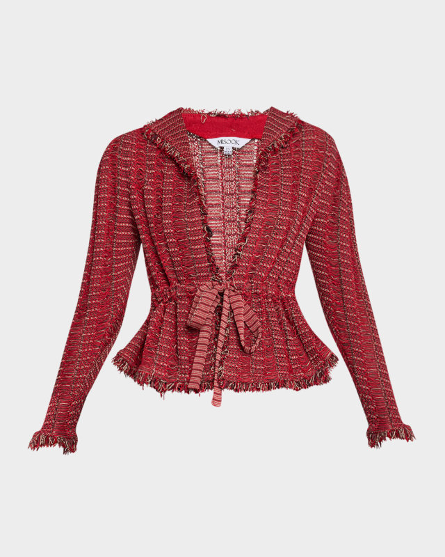 Drawstring Fringe-Trim Tweed Jacket