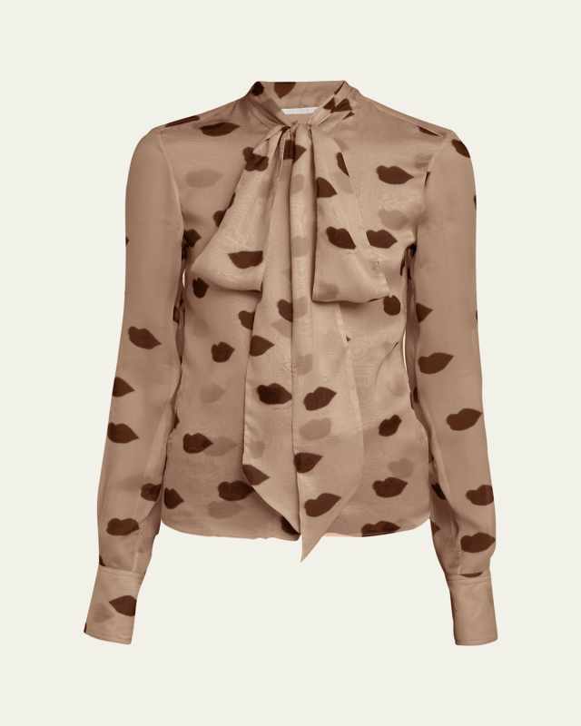 Lips Print Tie Neck Blouse