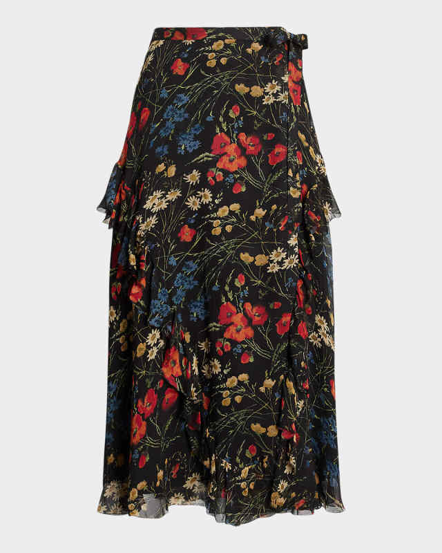 Floral Ruffle-Trim Georgette Maxi Skirt