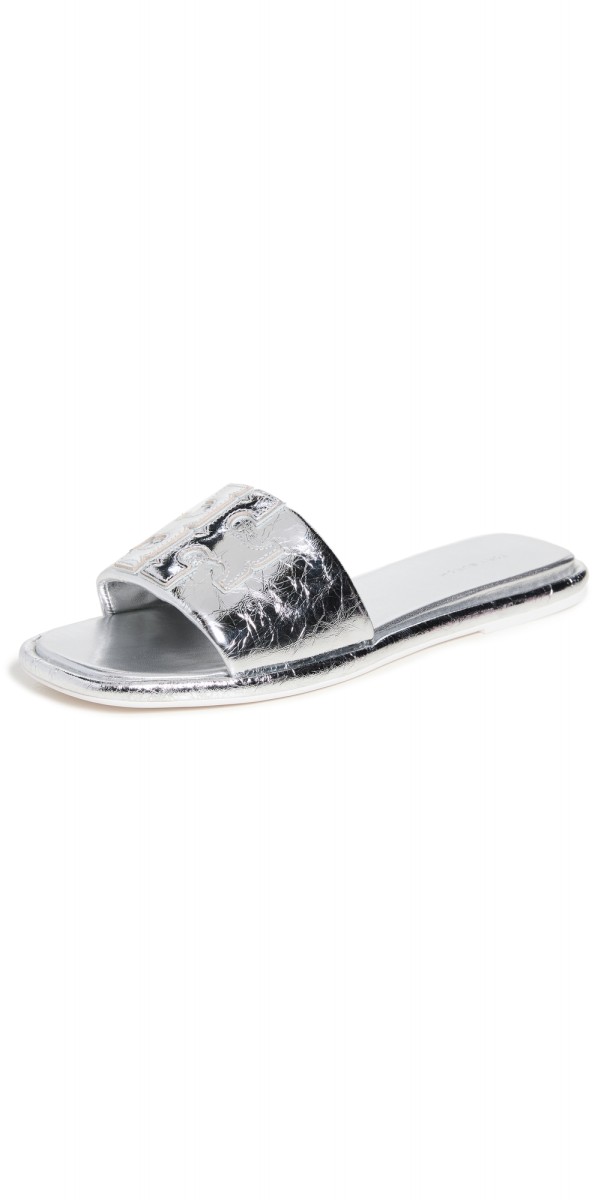 Tory Burch Double T Sport Slides Silver