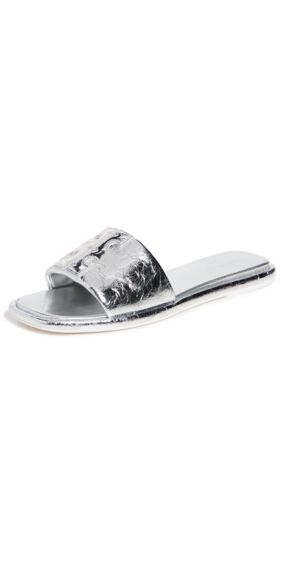 Tory Burch Double T Sport Slides Silver