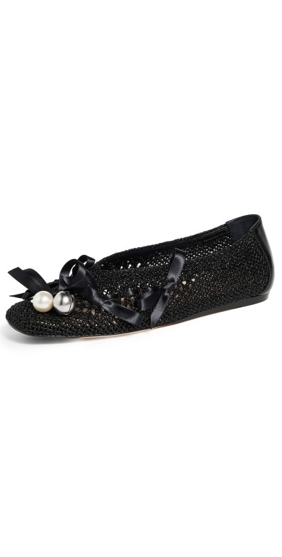 Simone Rocha Bell Charm Crochet Ballerina Flats With Double Bow Black/Black/Pearl