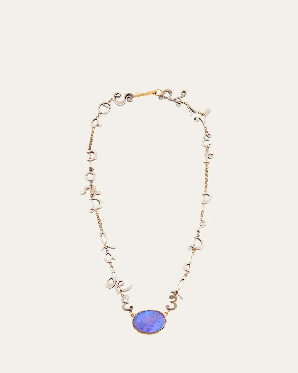 18K Yellow Gold and Silver Sea Pond Lake Script Necklace with Blue Opal, 16"L