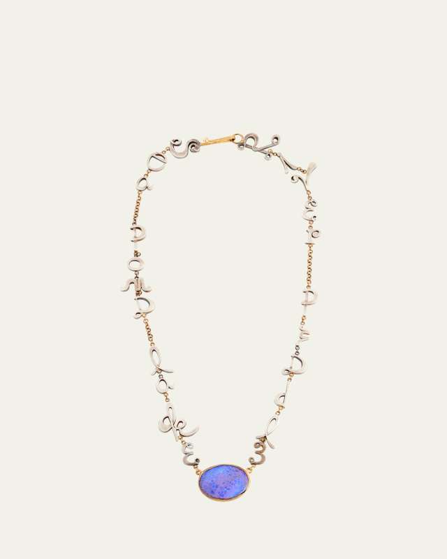 18K Yellow Gold and Silver Sea Pond Lake Script Necklace with Blue Opal, 16"L