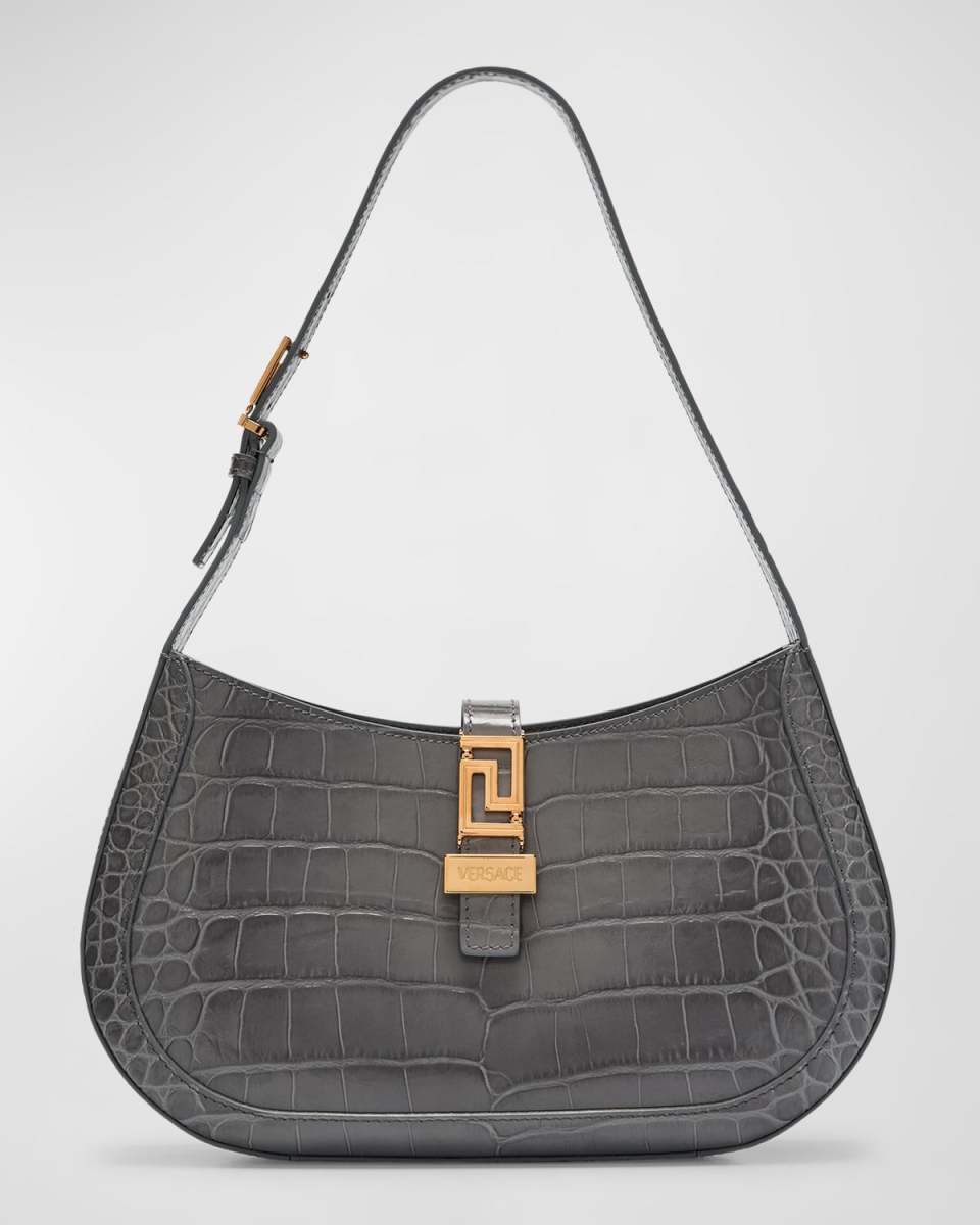 Greca Goddess Large Croc-Embossed Hobo Bag