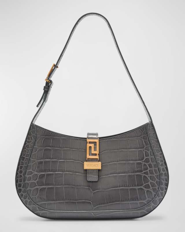 Greca Goddess Large Croc-Embossed Hobo Bag
