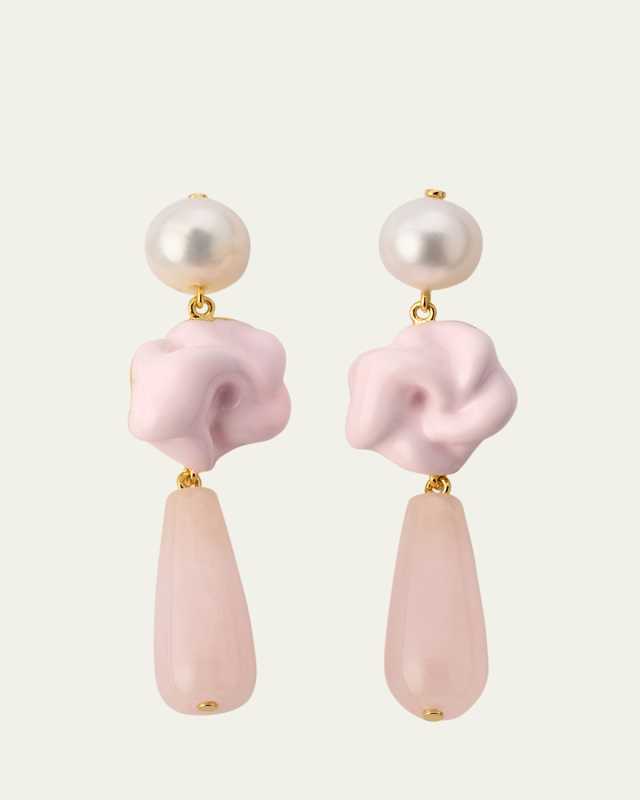 The Depths of Time Gold Vermeil Earrings with Rose Quartz and Freshwater Pearls