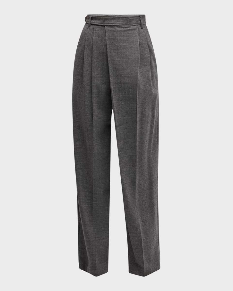 Stretch Wool Grisaille Crossover-Waist Wide-Leg Trousers